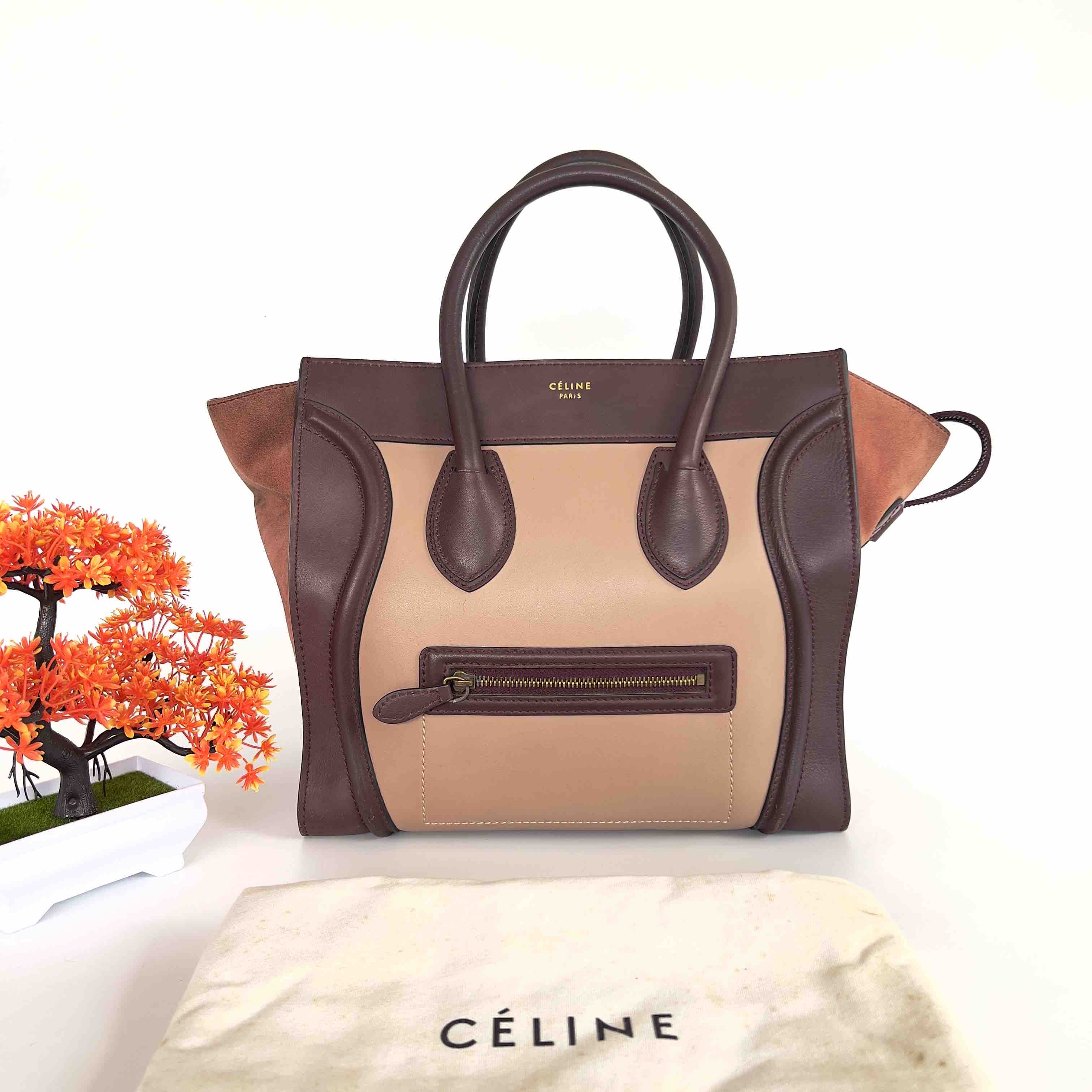 CELINE Nano Luggage Calfskin Leather and Suede Crossbody Bag Tricolor-US