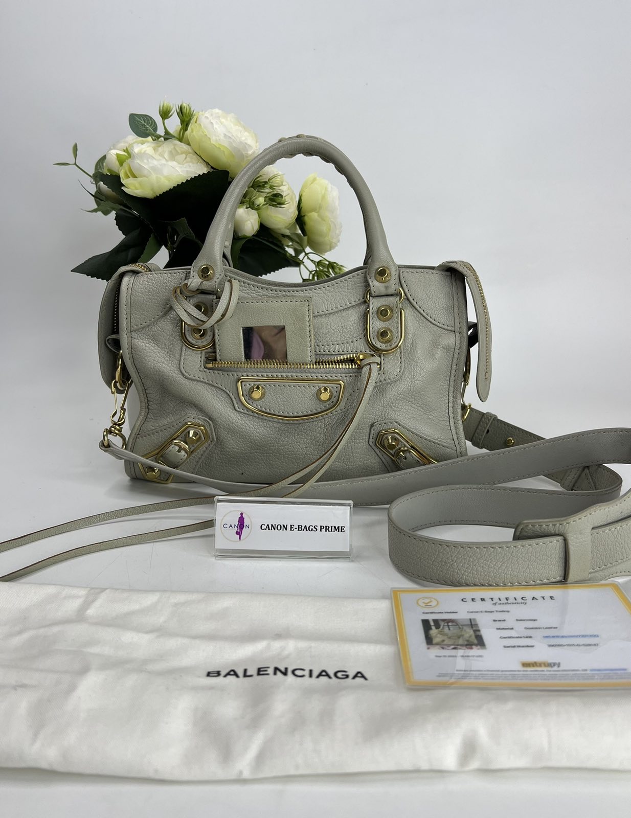 AUTHENTIC Balenciaga Mini City Bag Leather Grey & Gold Hardware