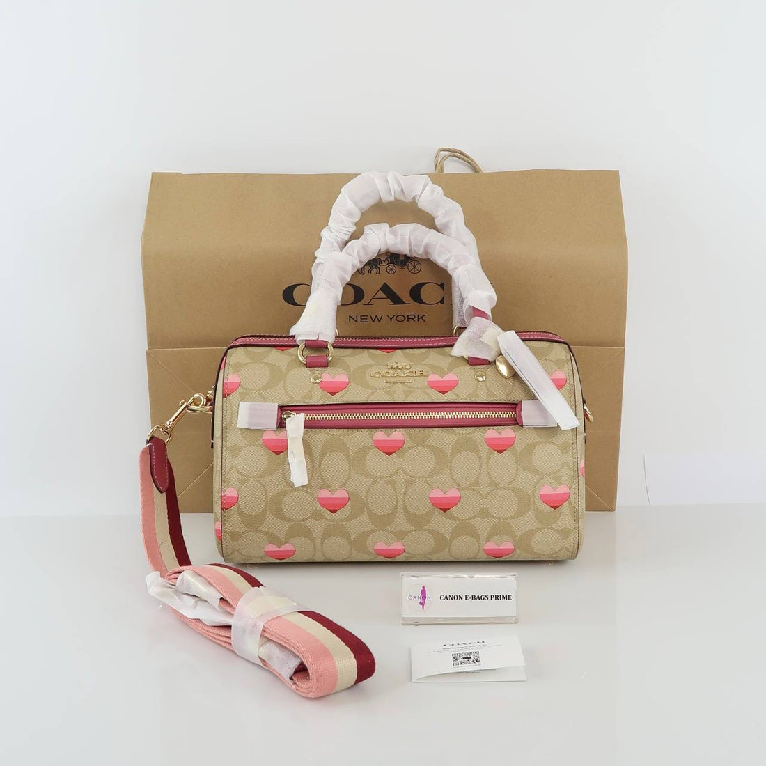 Rowan Satchel Signature Stripe Heart Pink