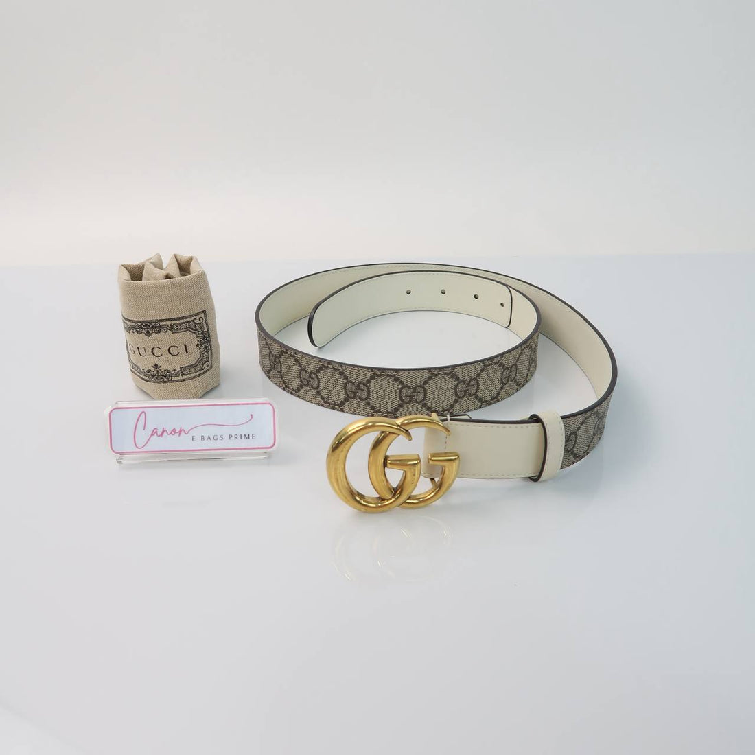 GG Marmont Gold Tone Double G Buckle White Trims Belt