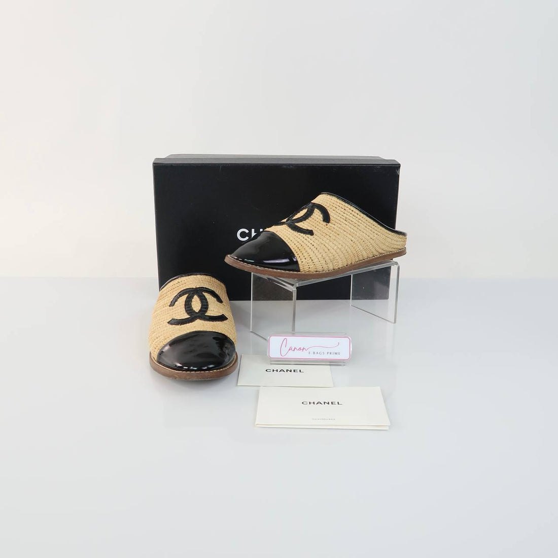 Raffia and Patent Leather CC Slip On Mules