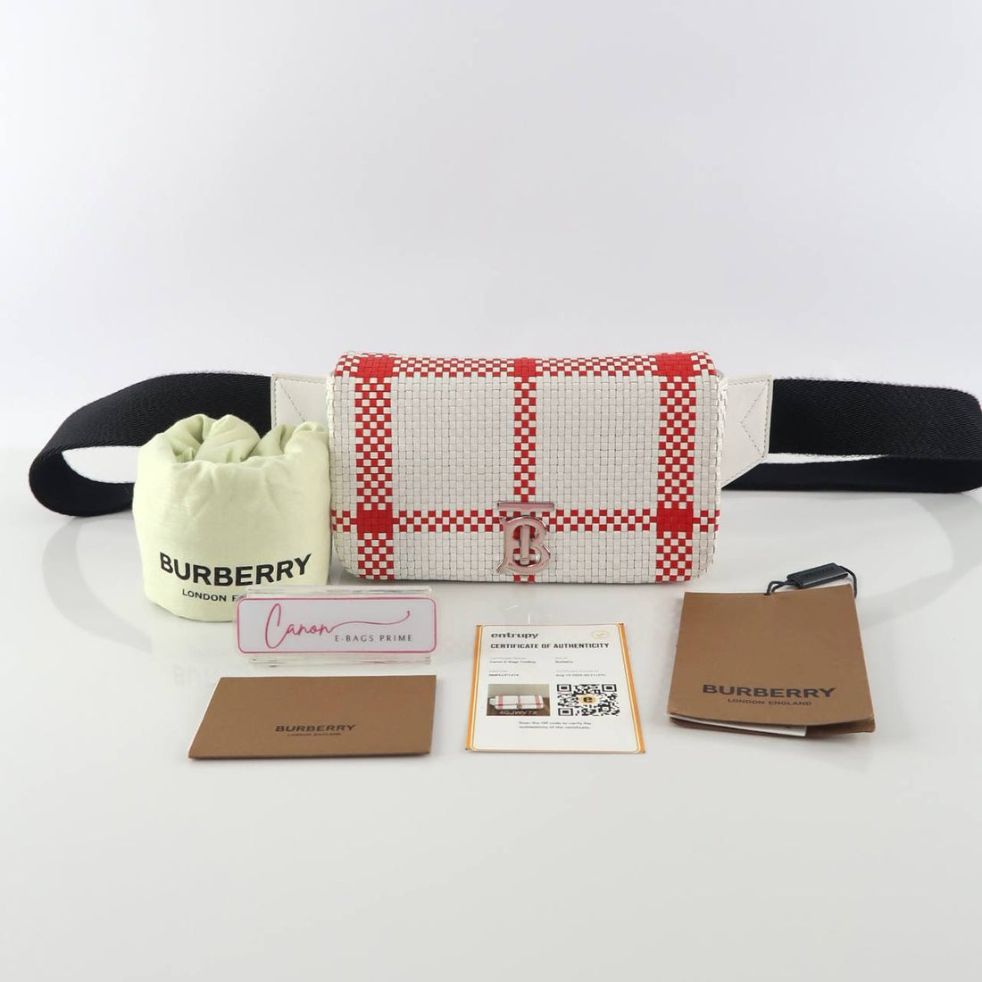 TB White & Red Woven Leather Lola Belt Bag