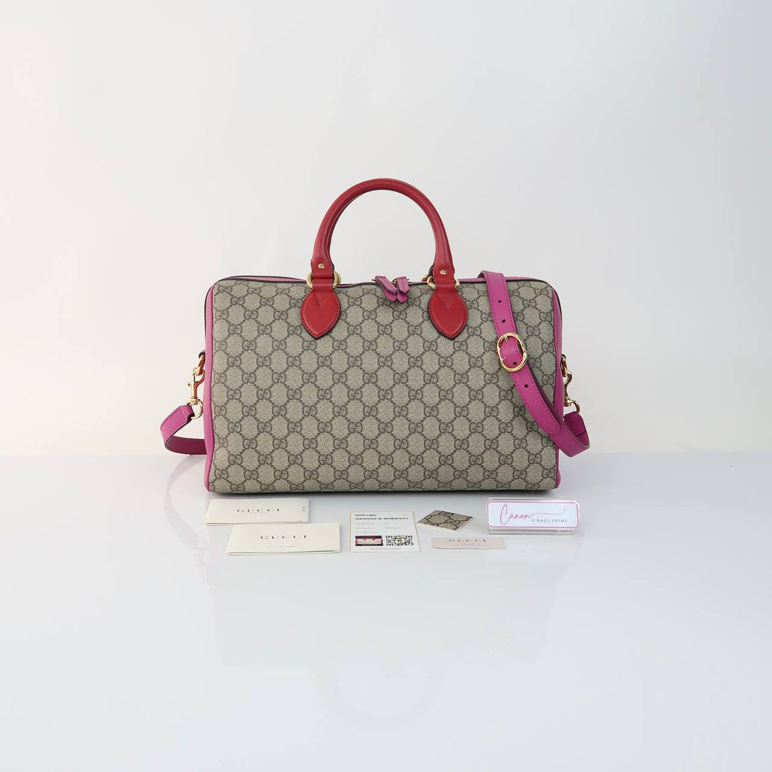 GG Supreme Boston Bag With Pink and Red Trims