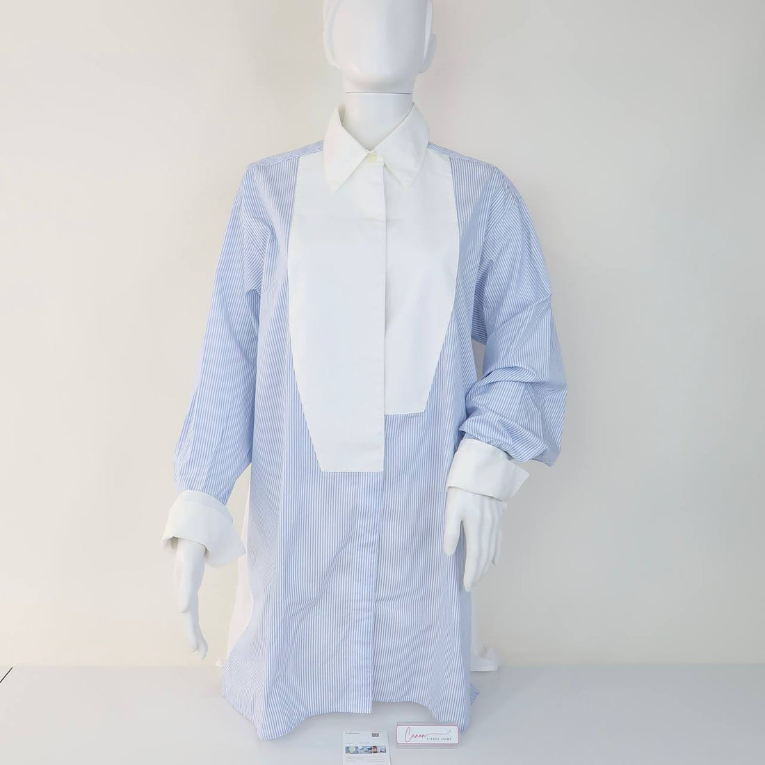 Pinstriped Poplin Shirt Dress Asymmetrical White Bib Front And Classic Collar