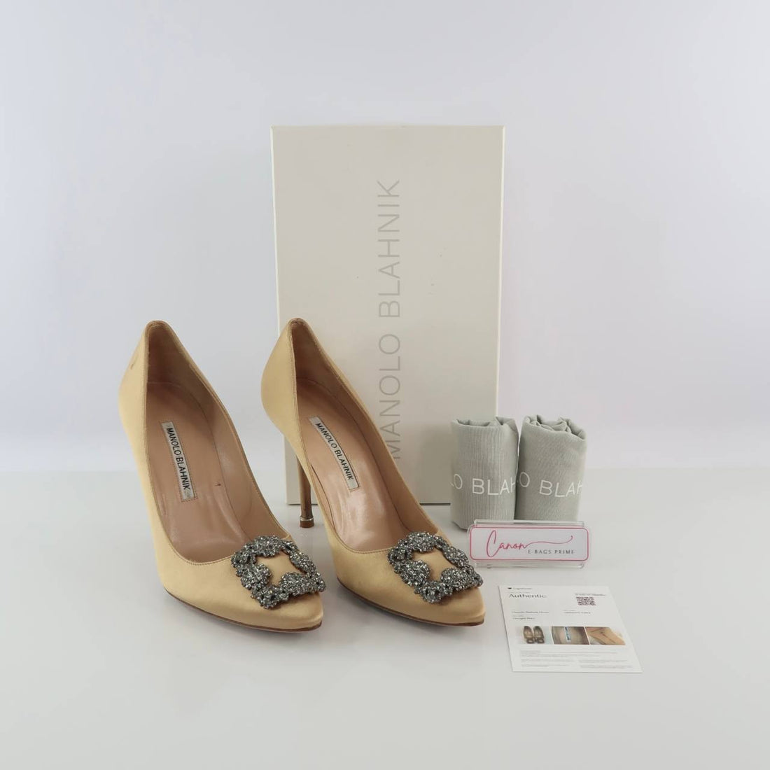 Hangisi Champagne Satin Pump with Crystal Square Buckle