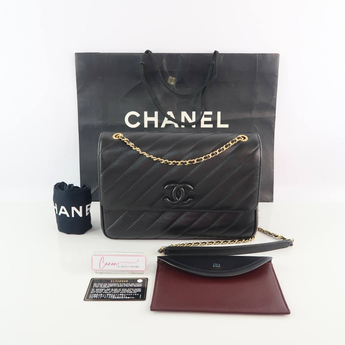 Bias Stitch Diagonal/Chevron Quilted Flap Bag w/Wallet