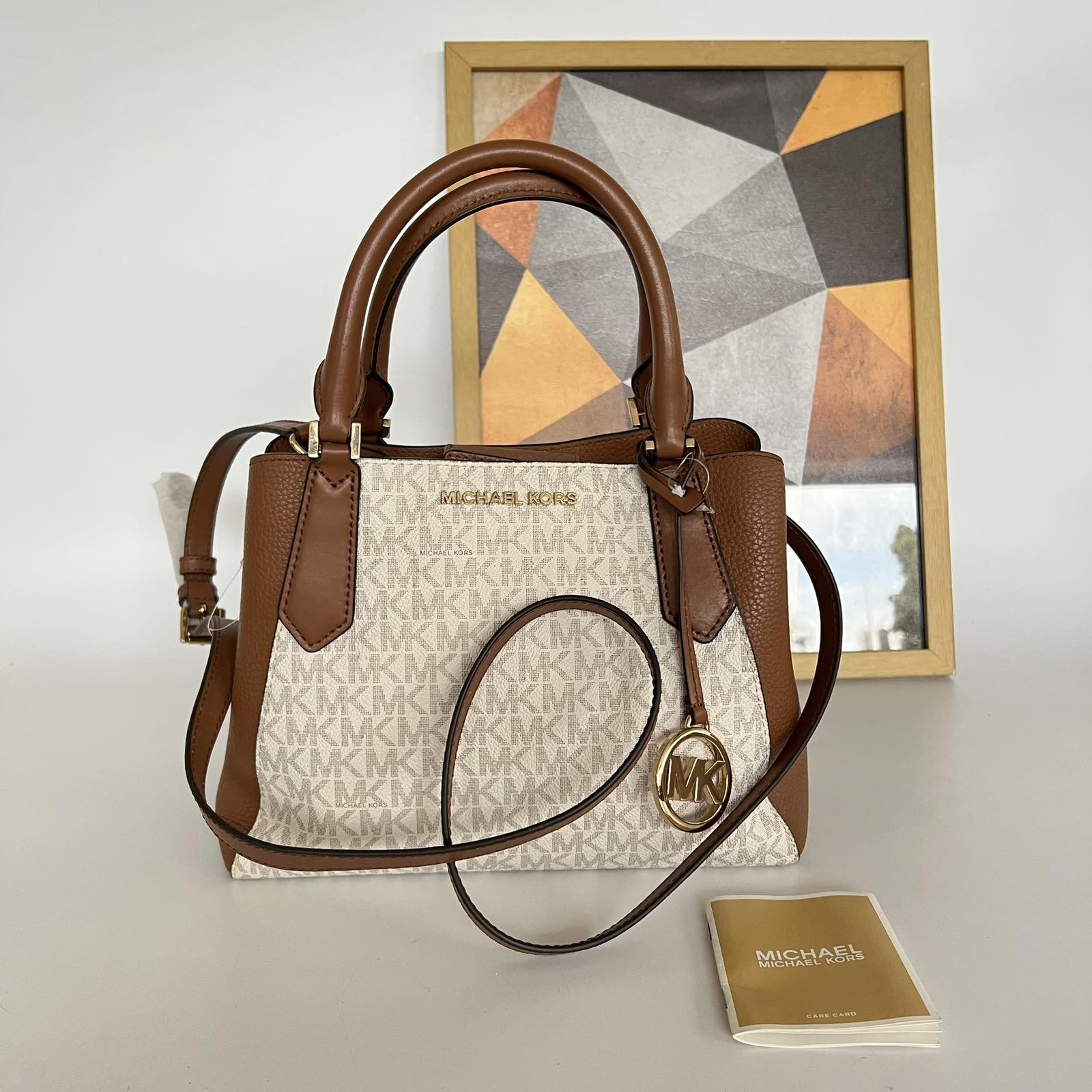 Michael Kors Kimberly Vanilla/Tan Leather Two Way Bag. With long strap &  care card ❤️