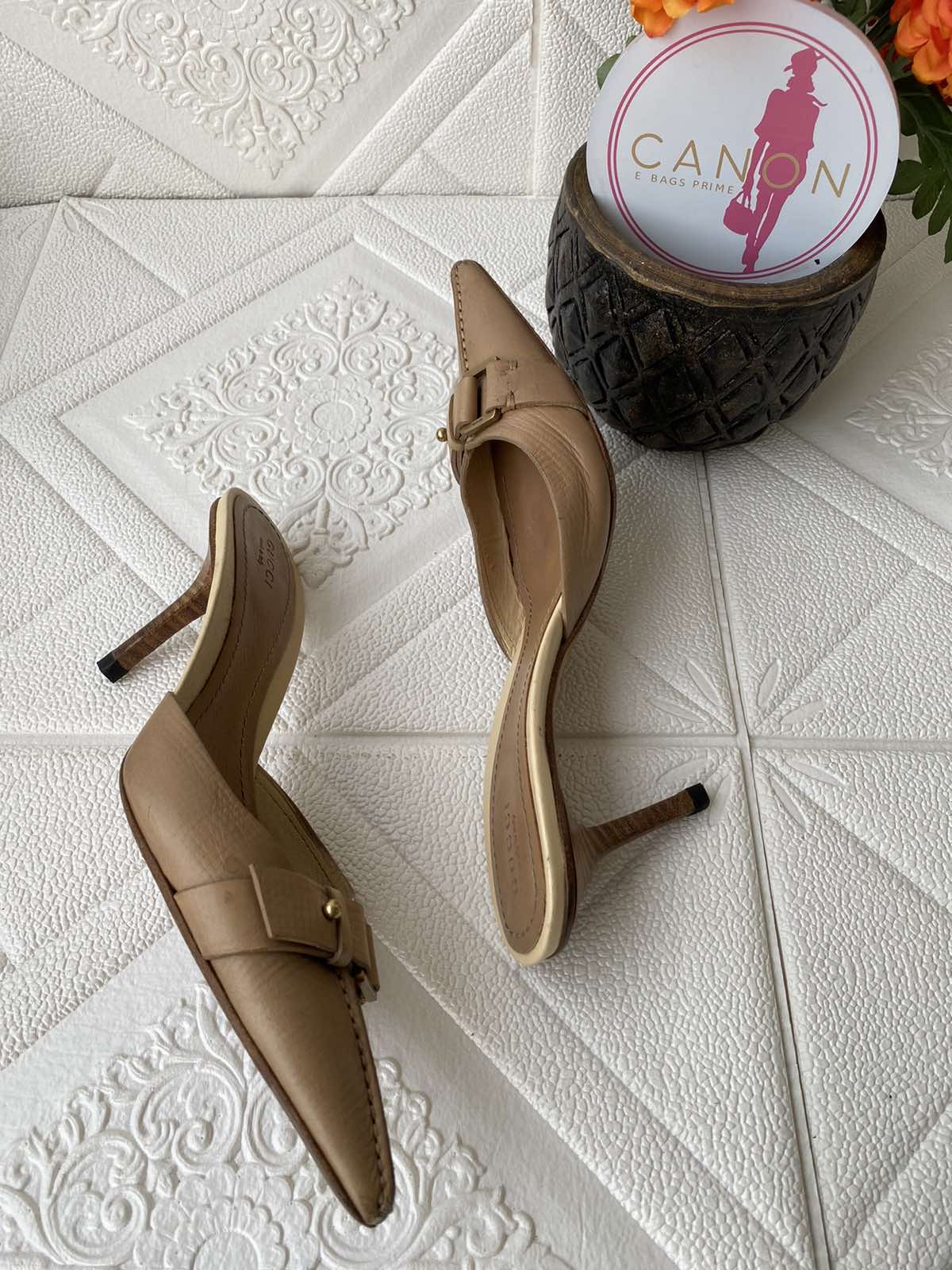 Gucci Beige Leather Pointed Toe High heel Mules Size 7.5. Made in Italy ...