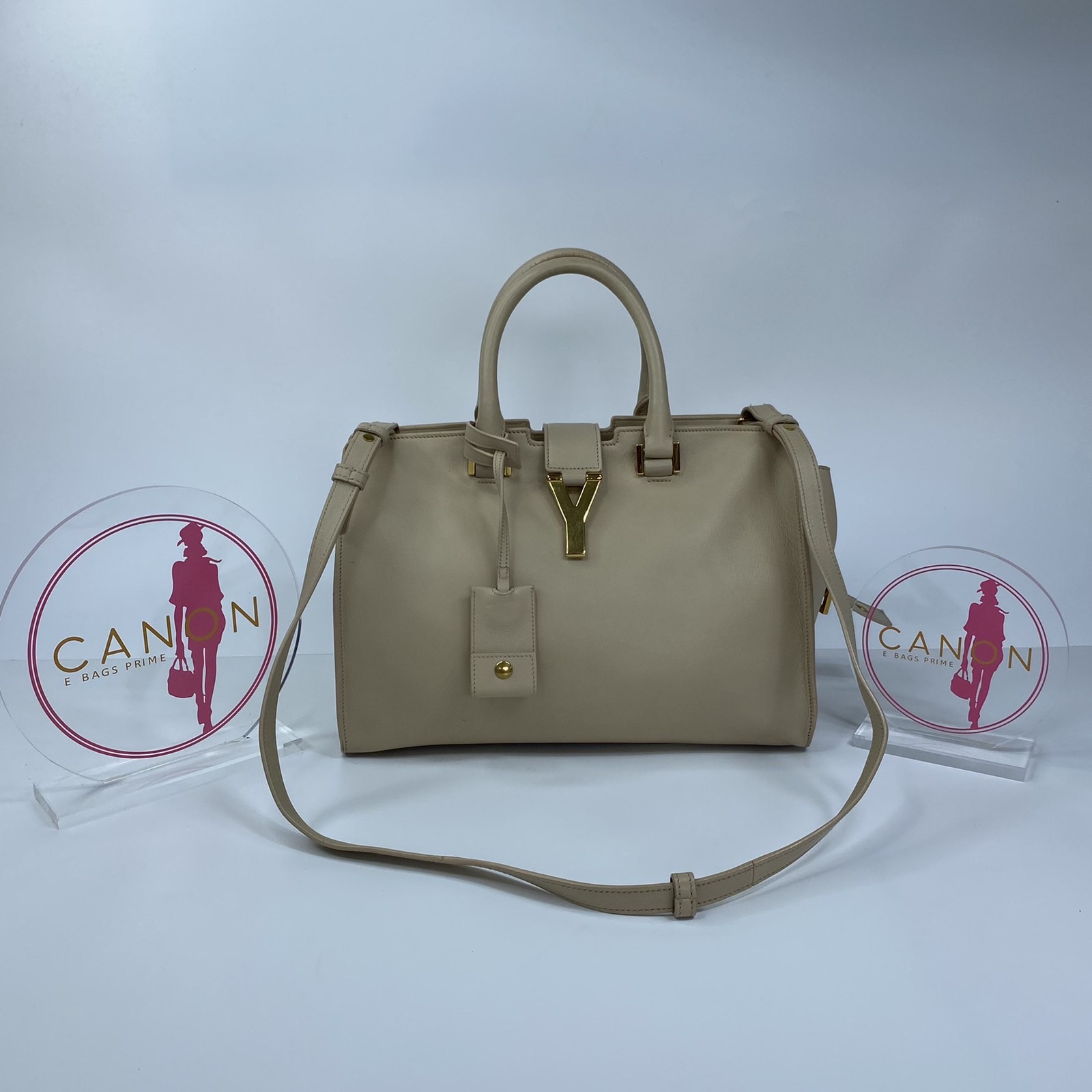 YSL Chyc Cabas Small Beige leather two way bag. Made in Italy