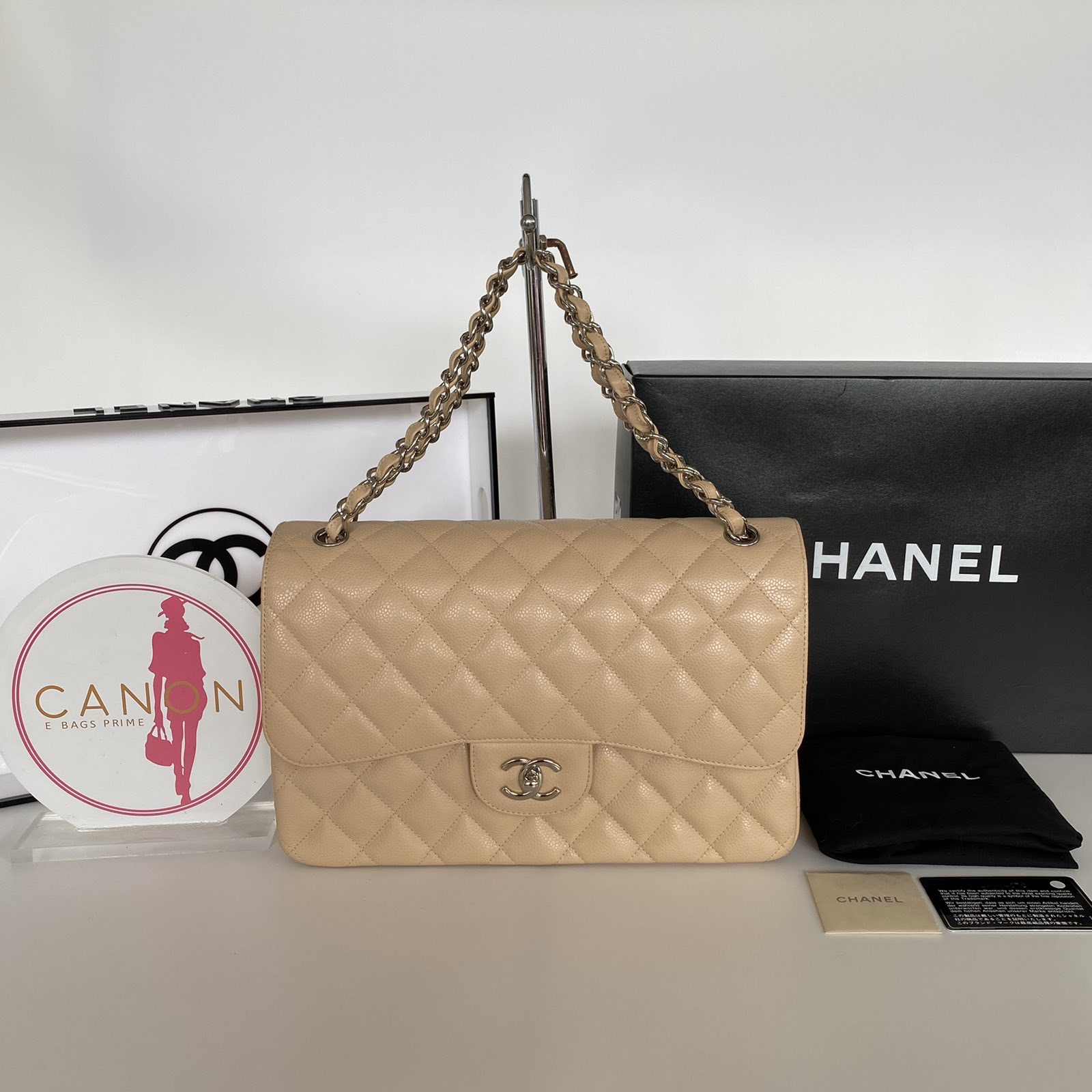 Chanel Double Flap Jumbo Beige Caviar Shoulder Bag. Silver hardware. Made  in France. Series 14xxx. With Certificate of Authentication From ZEKO. -  Canon E-Bags Prime