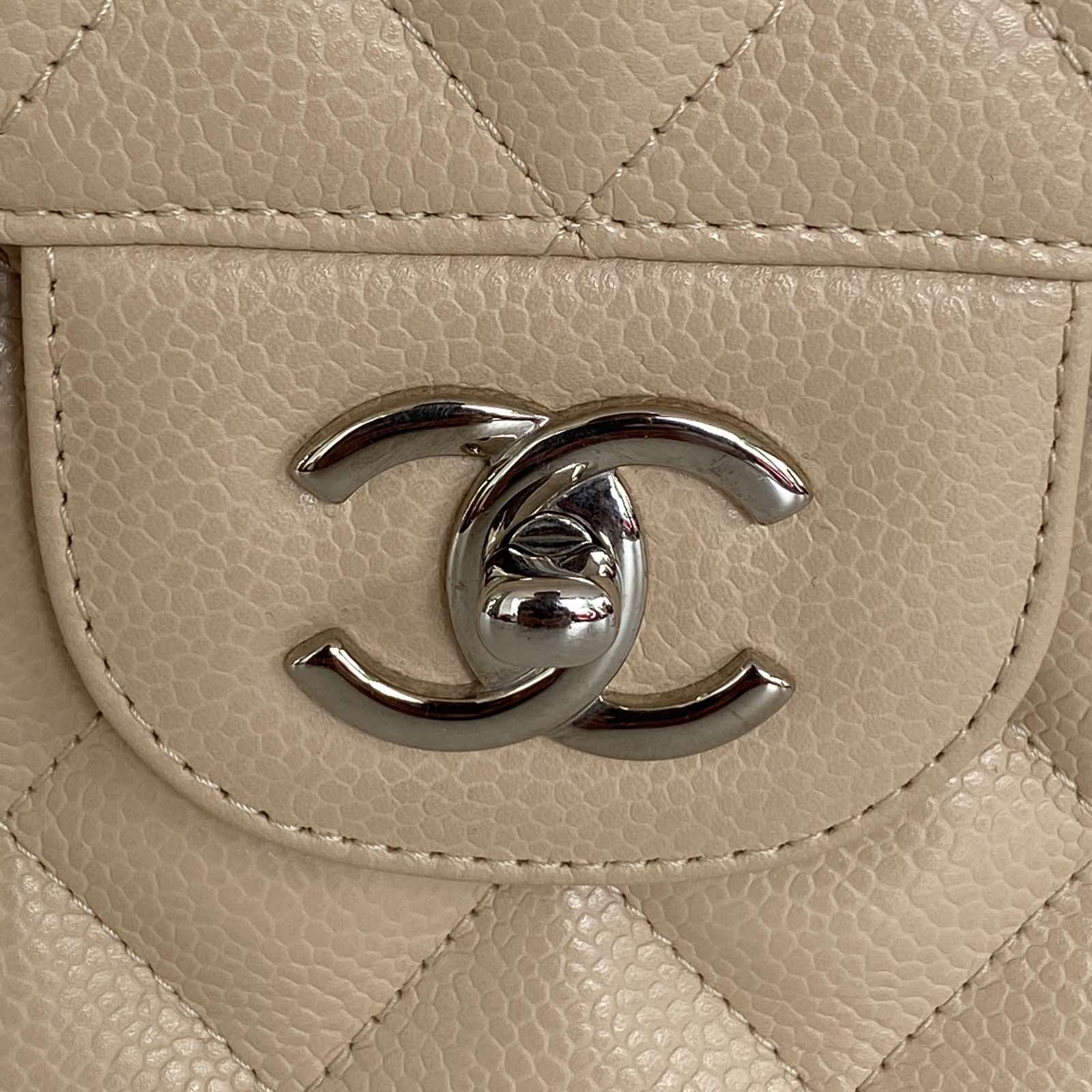 Chanel Double Flap Jumbo Beige Caviar Shoulder Bag. Silver