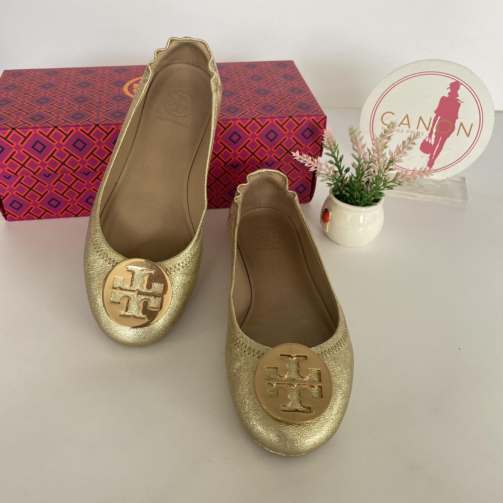 SOLD/LAYAWAY💕 Tory Burch Minnie Travel Ballet Metallic Gold Flats Size Us  7 - Canon E-Bags Prime