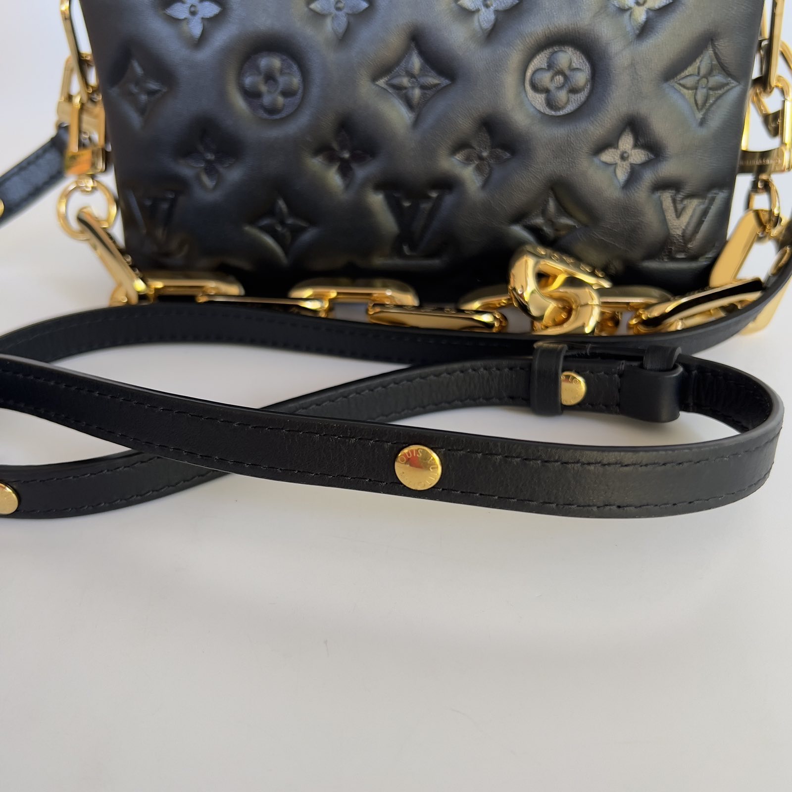 Louis Vuitton Black Lambskin Coussin BB Microchip. Made In France.