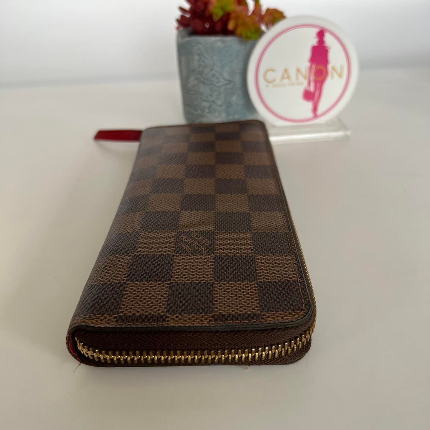 Louis Vuitton Damier Ebene Clemence Wallet. Red Interior. Made in France.  DC: SF4129