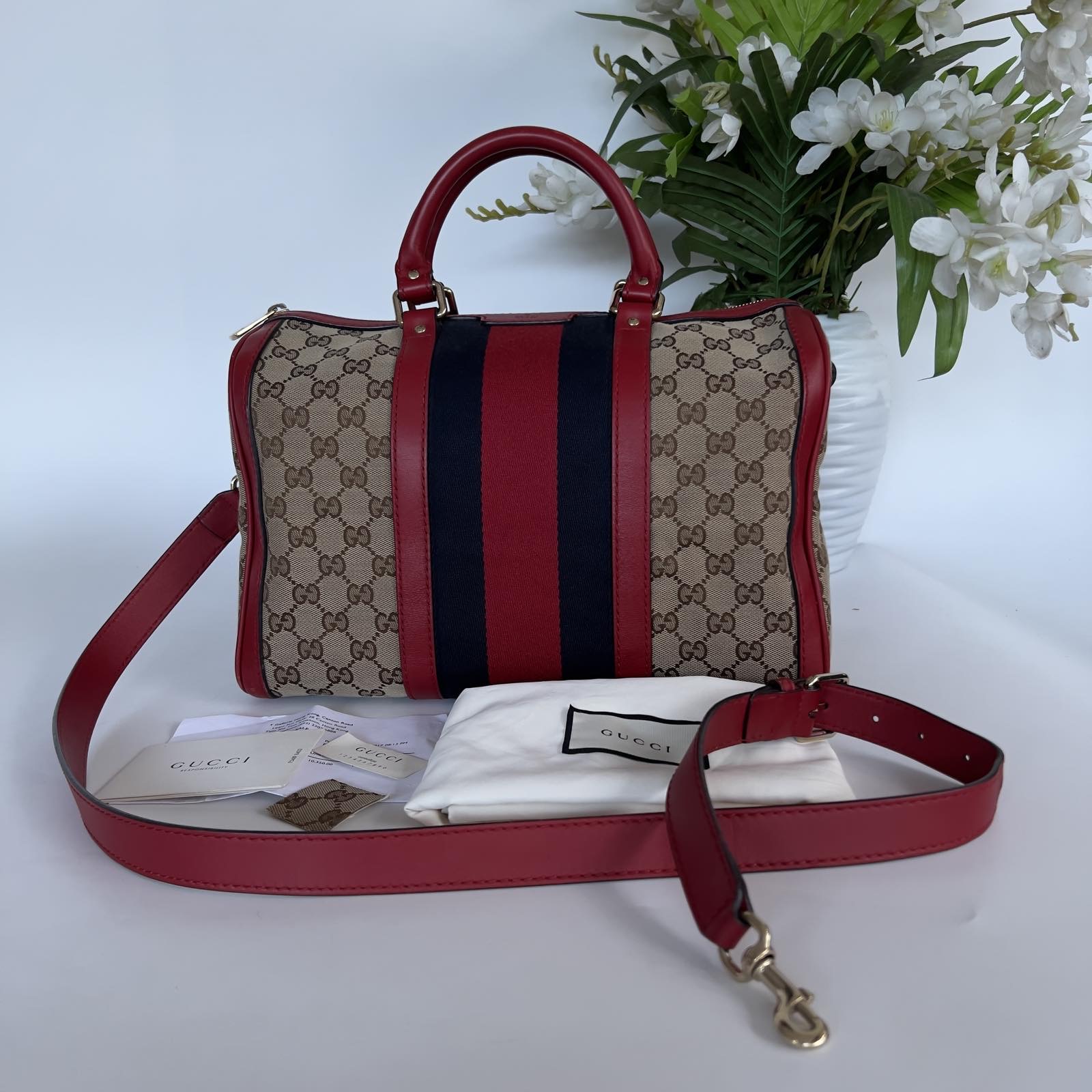 Gucci Monogram Canvas Web Boston Red Trims Two Way Bag. Made in Italy. With  cards, swatch, dustbag, long strap & bag organizer ❤️