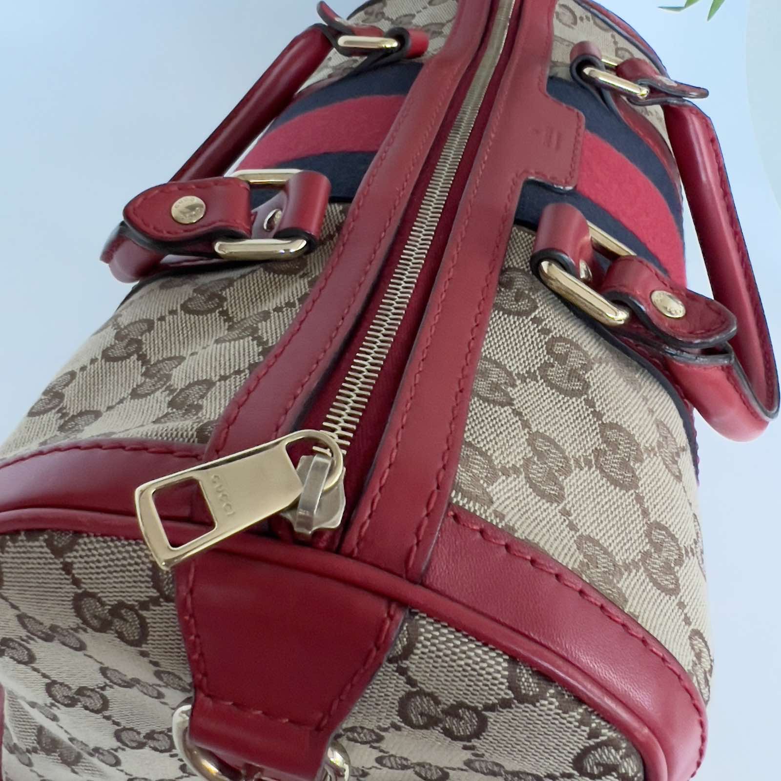 Gucci Monogram Canvas Web Boston Red Trims Two Way Bag. Made in Italy. With  cards, swatch, dustbag, long strap & bag organizer ❤️