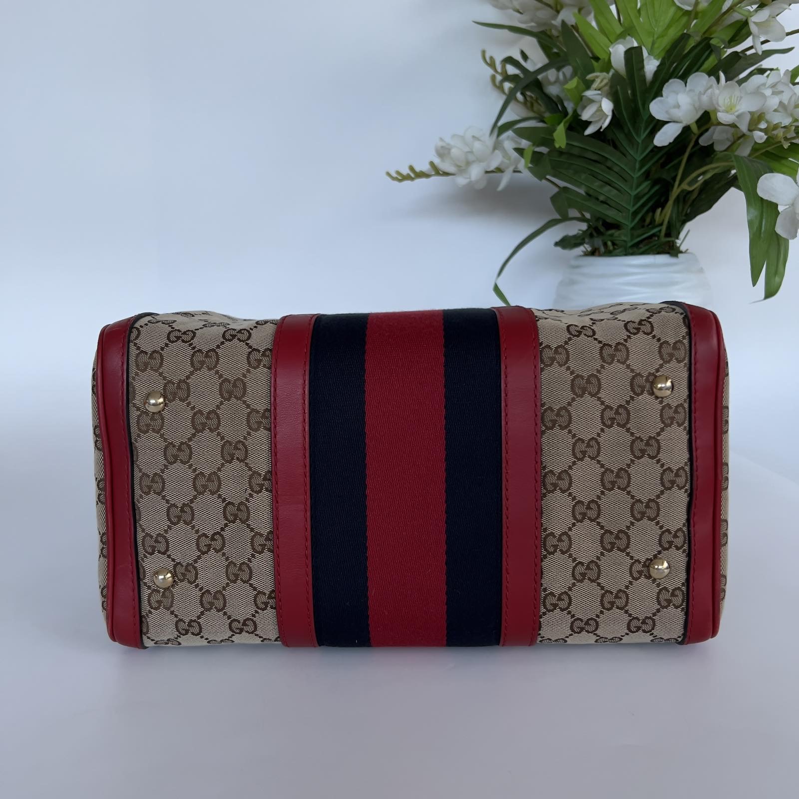 Gucci Monogram Canvas Web Boston Red Trims Two Way Bag. Made in Italy. With  cards, swatch, dustbag, long strap & bag organizer ❤️