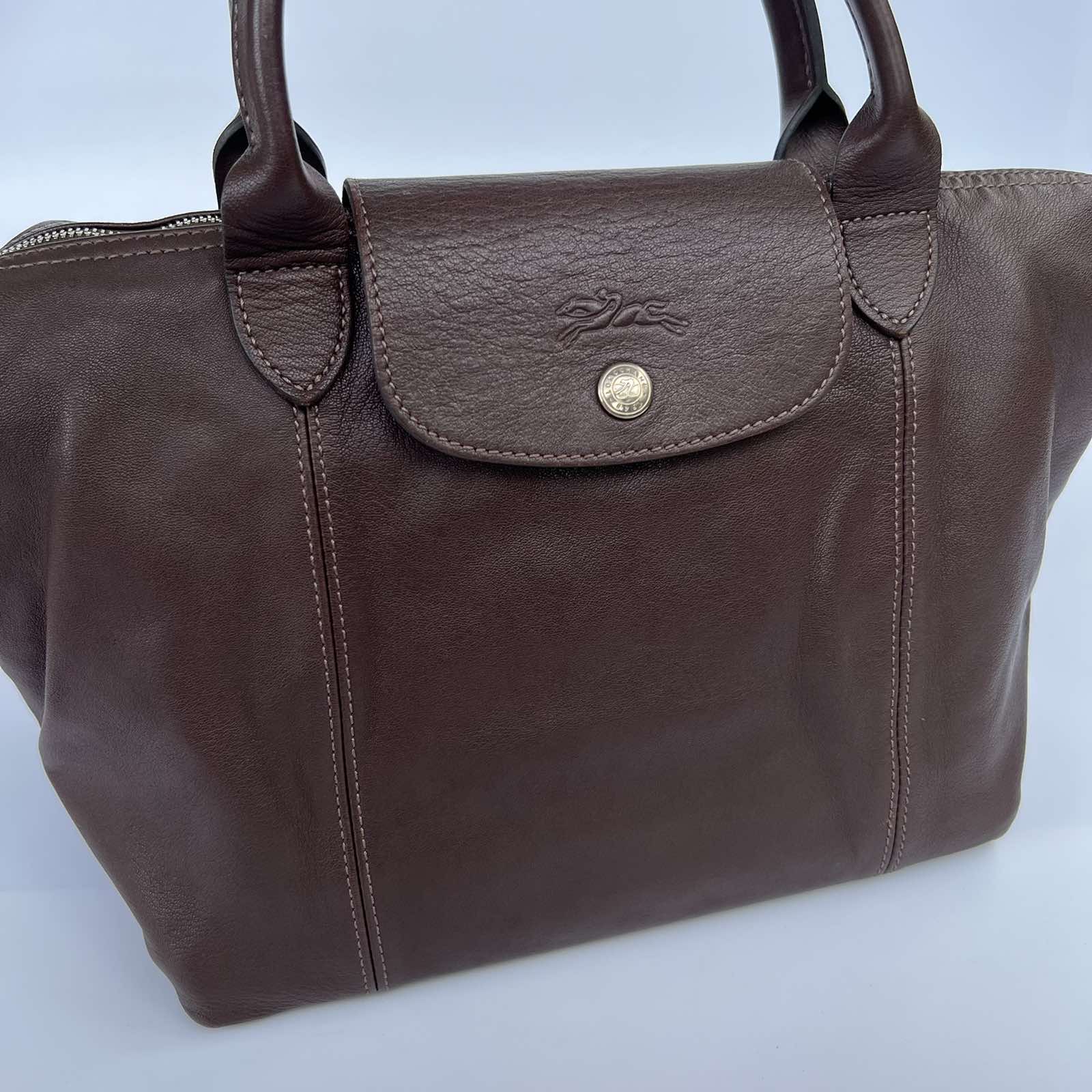 Longchamp Le Pliage Cuir Top Handle Brown Two Way Bag Silver Hardware. Made  in France. With long strap, care card & dustbag ❤️