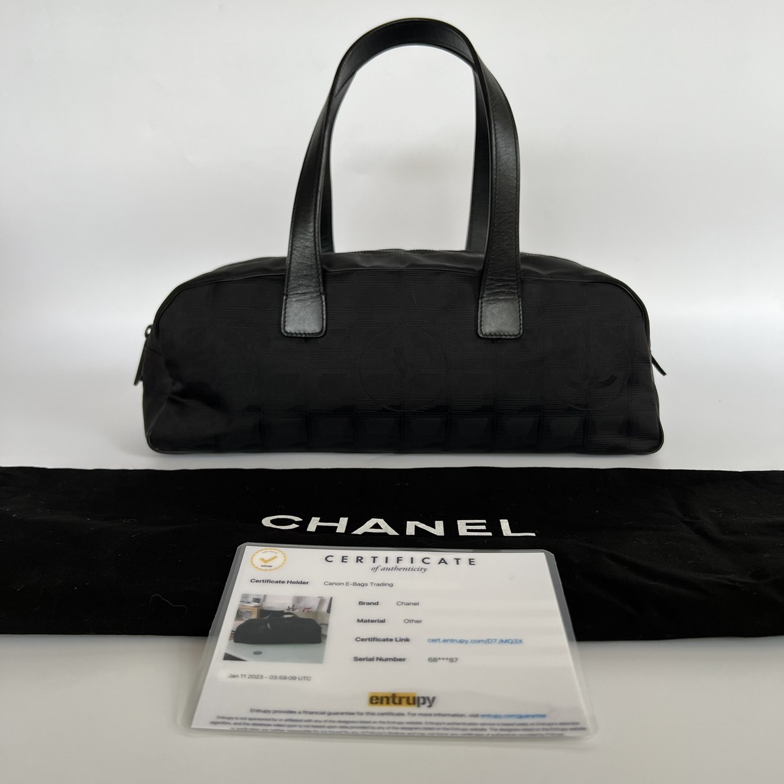 Chanel Travel Line Black Jacquard Nylon Mini Boston. Series 6xxxxxx. Made  in Italy. With dustbag & certificate of authenticity from ENTRUPY ❤️