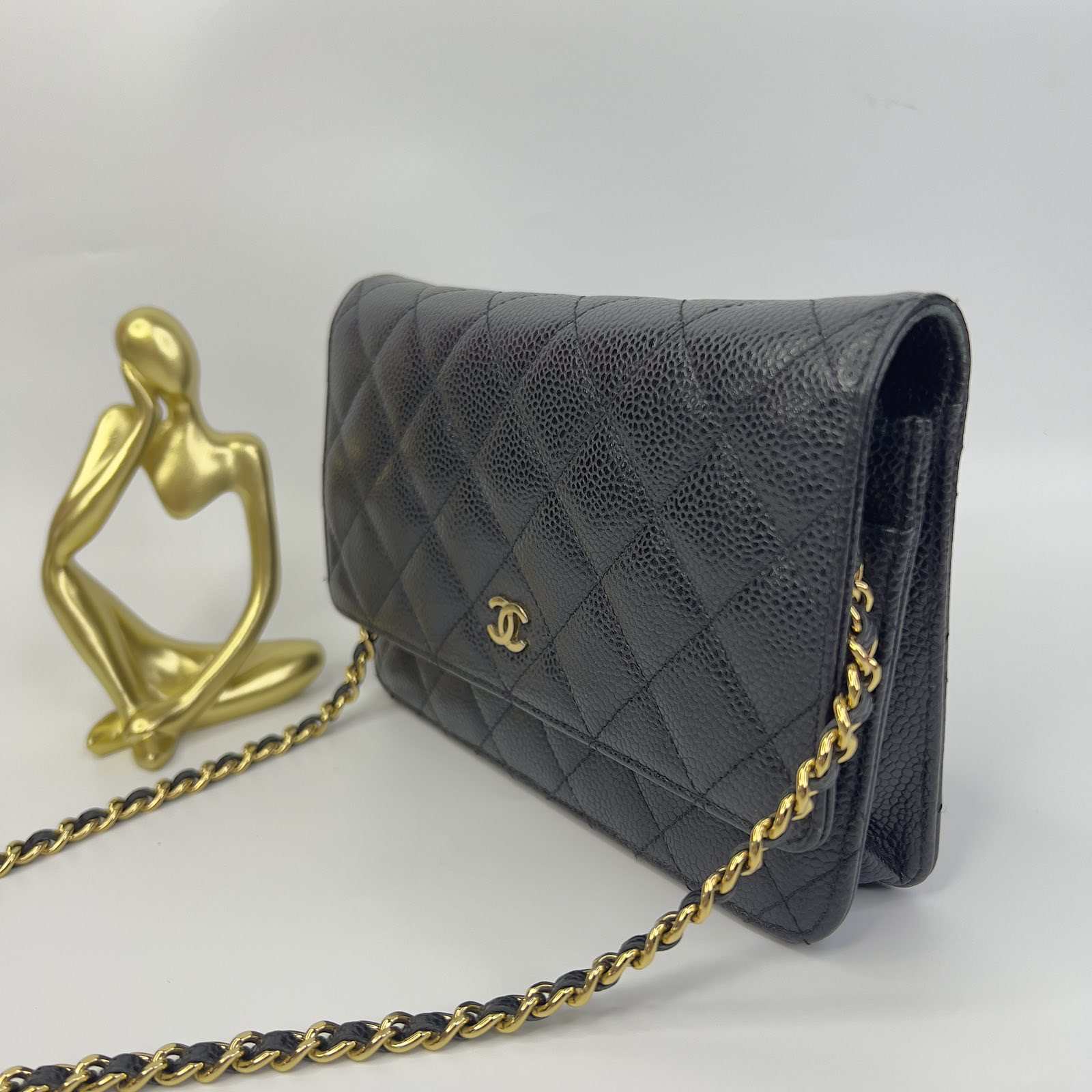 CHANEL CLASSIC WALLET ON CHAIN (MICROCHIP P7P3xxxx) BLACK CAVIAR, GOLD  HARDWARE, WITH DUST COVER & BOX