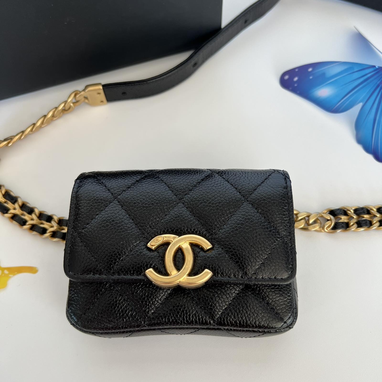 Chanel Mini Card Holder Chain Belt Bag Black Lambskin Silver