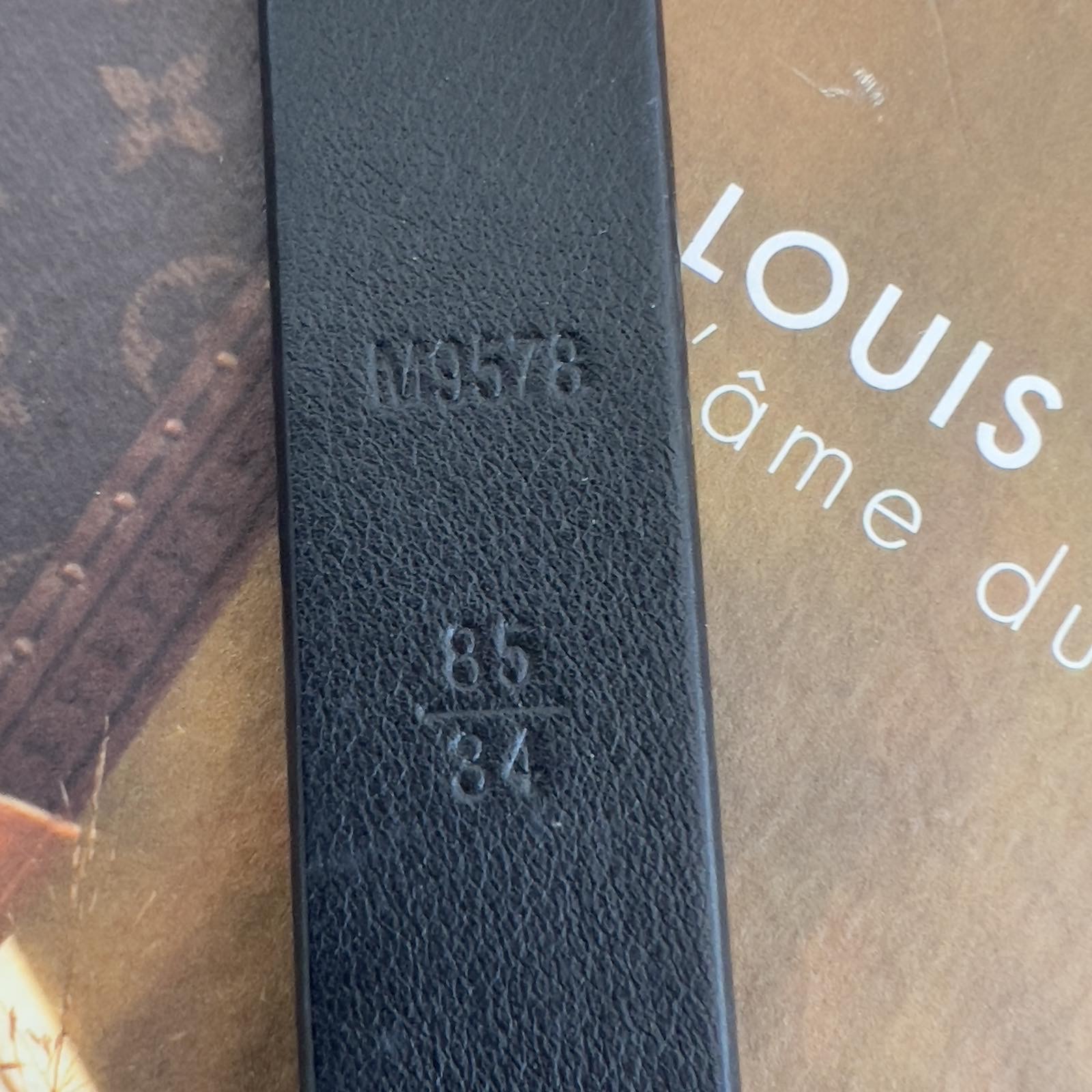 LOUIS VUITTON Black Leather Buckle Belt with Gold LV Logo Size 85 CM Length
