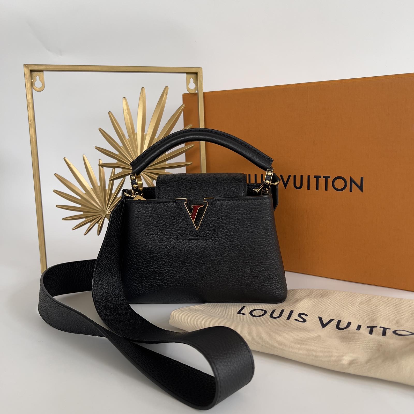 Louis Vuitton Black Mini Capucines Taurillon Leather Gold Hardware.  Microchip. Made in France. With long strap, dustbag & box ❤️