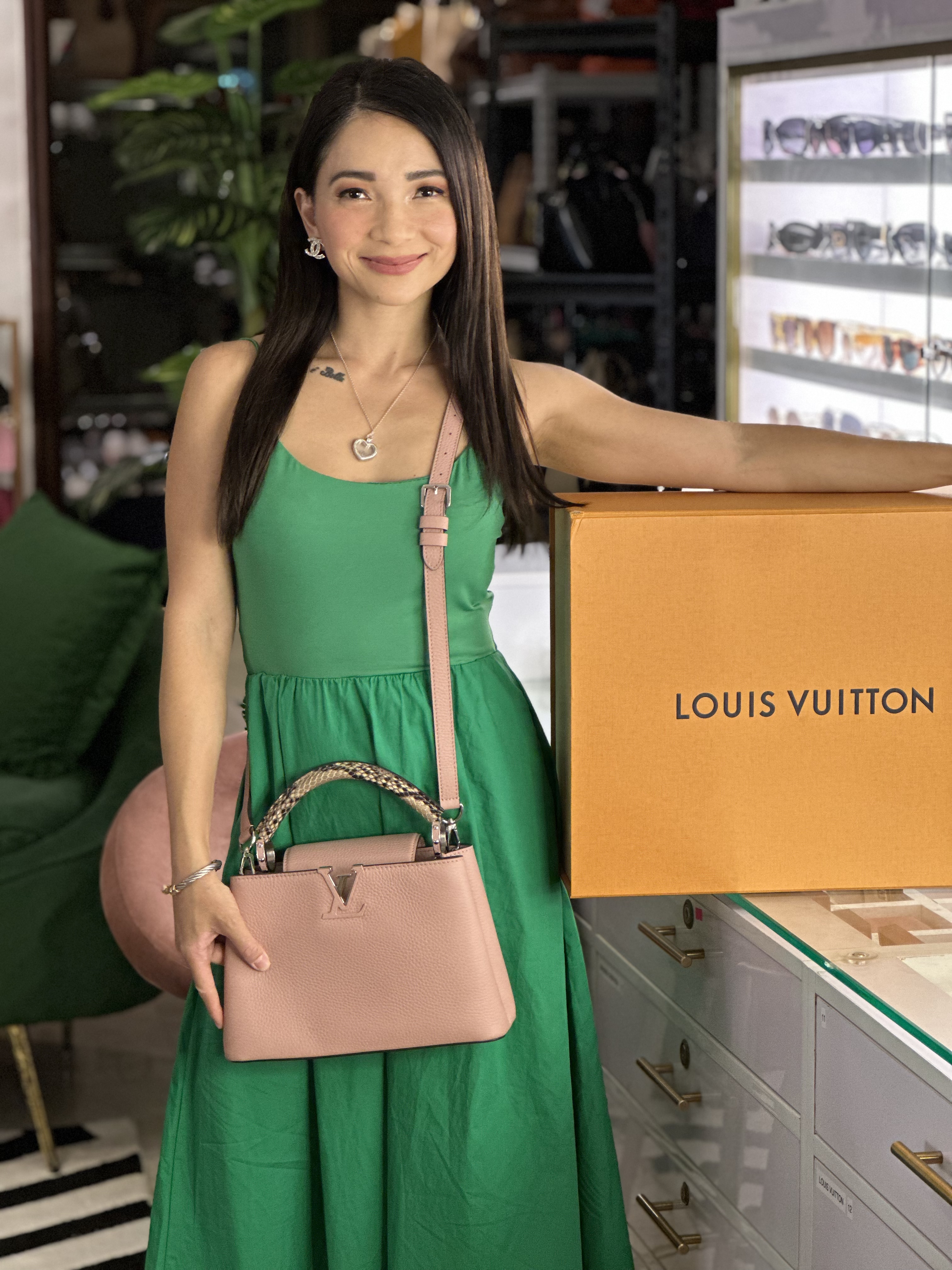 Louis Vuitton Medium Pink Python Capucines Silver Hardware. DC: MI1109.  Made in France. With long strap, care card, dustbag, box, paperbag 