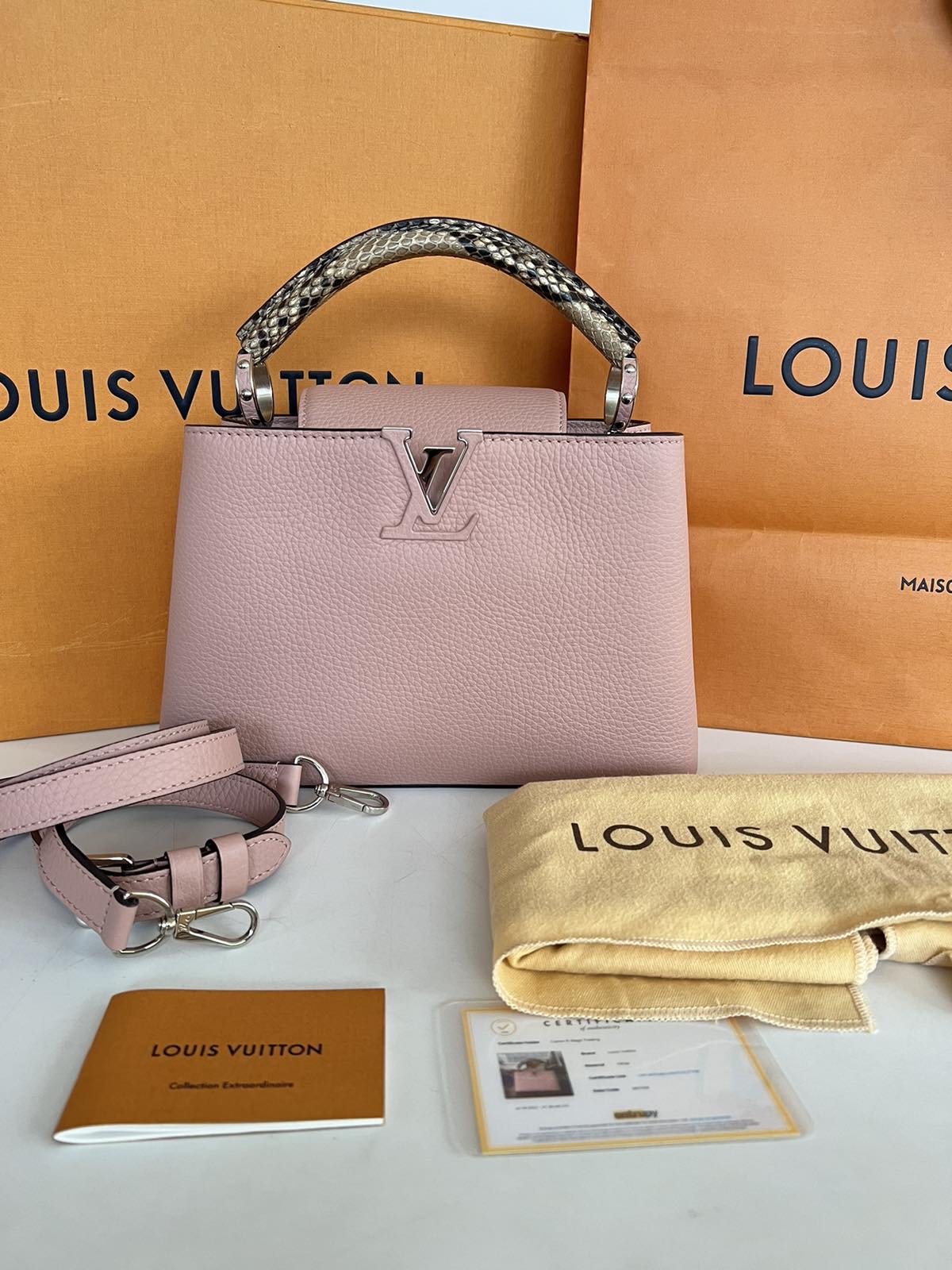 Louis Vuitton Medium Pink Python Capucines Silver Hardware. DC