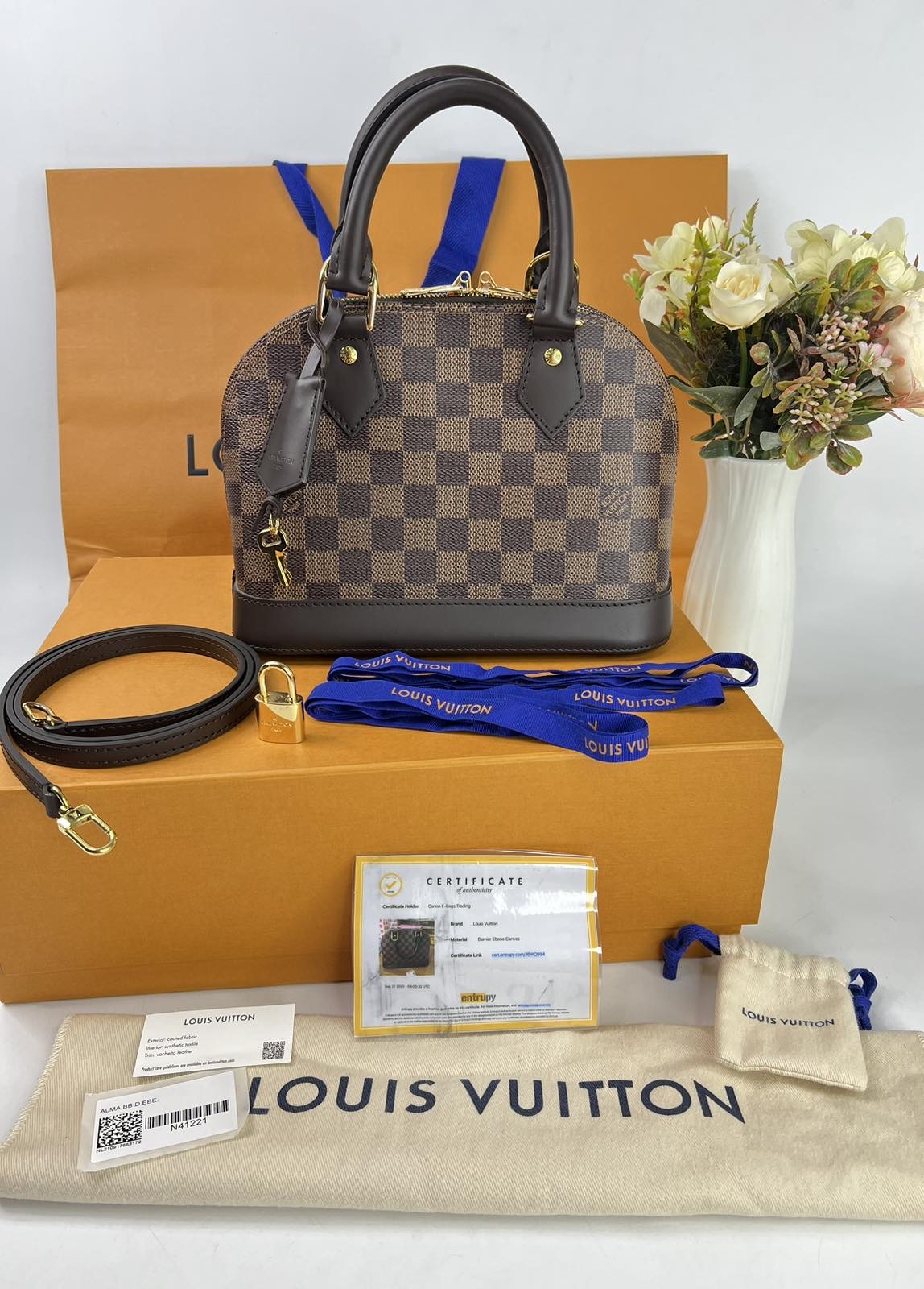 SOLD/LAYAWAY💕 Louis Vuitton Damier Ebene Matte Alma BB. Microchip. With  long strap, ribbon, clochette, lock & key, dustbag, box, paperbag and