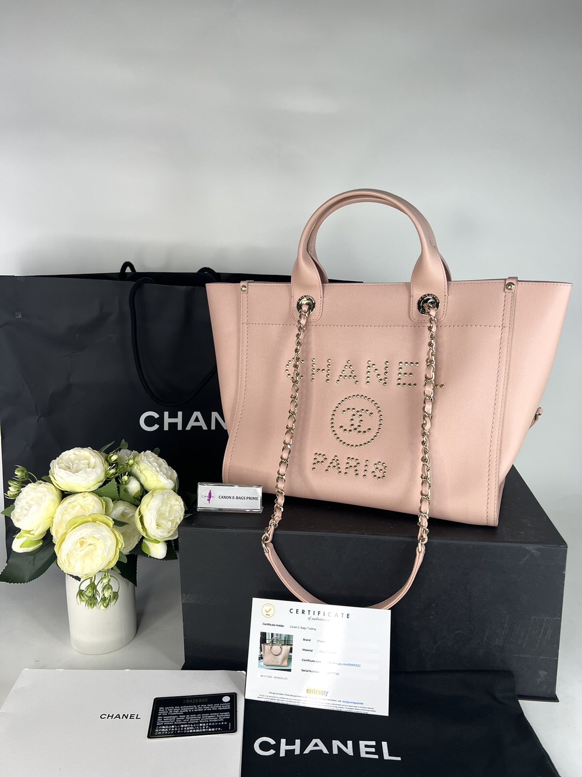 Chanel Medium Studded Deauville Tote Bag Light Pink Caviar Leather