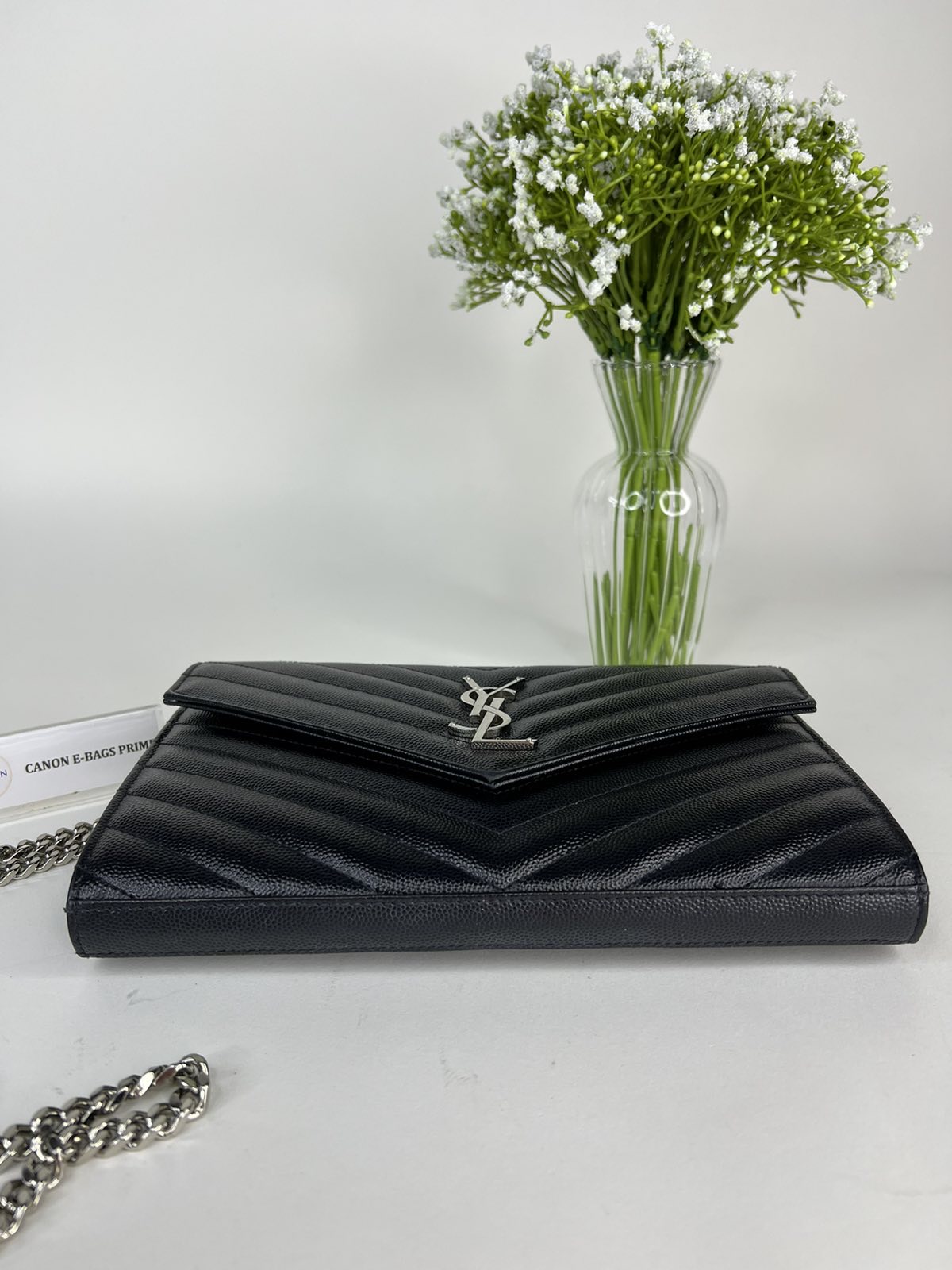 YSL Black Wallet on Chain GM Silver Hardware. Made in Italy. With